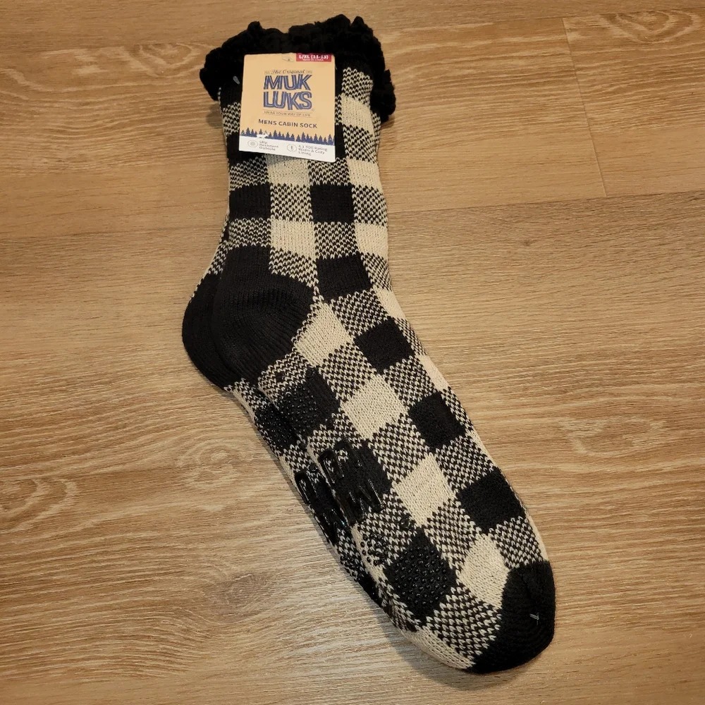 MUK LUKS Mens Cabin Socks Black Beige Size L/XL 11-13 New